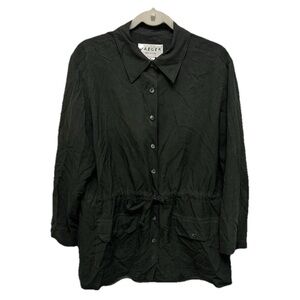 JAEGER Womens 100% Silk Button Up Tie Utility SHACKET Size Large Equestrian Top